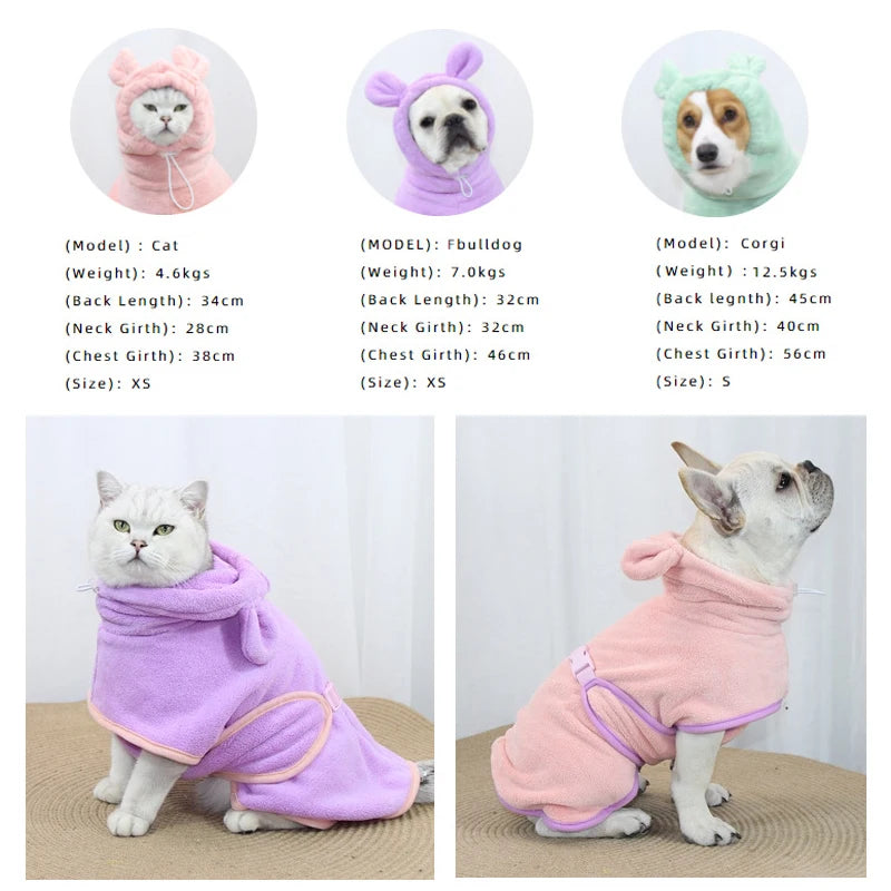 MuddyMate dog drying robe size guide with example dog breeds