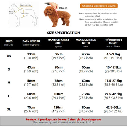 Dog drying robe size specification chart from XS to XL by back length
