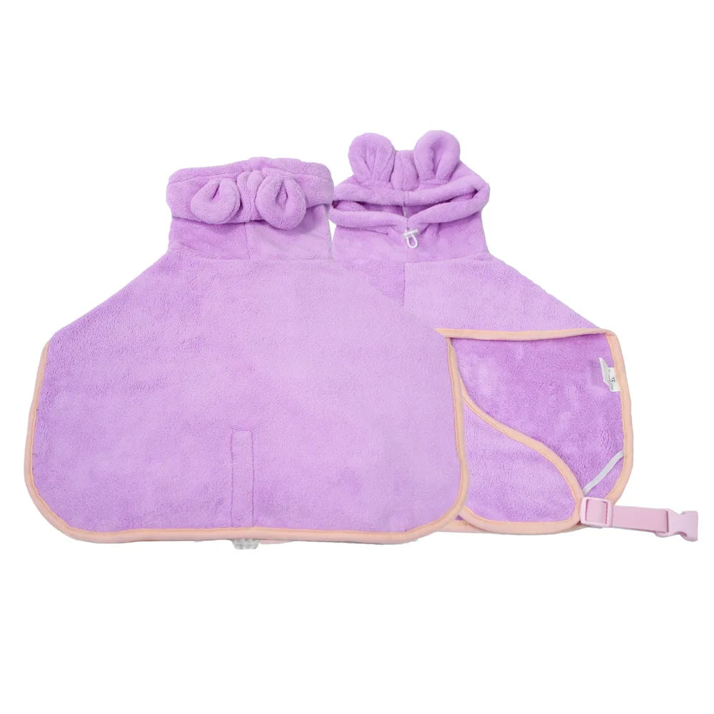 Purple MuddyMate hooded dog drying robe with adjustable belly belt, folded